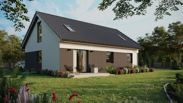 ERDOL 3 - Version Rechts (Wohnzimmer auf der rechten Seite) - Satteldach mit Dachgeschoss -Dachneigung 35 Grad - Zwei-Zimmer-Dachfenster - Bodentiefe Fenster im Dachgeschoss - Styropor, Netz, Kleber - Anthrazit - Ohne