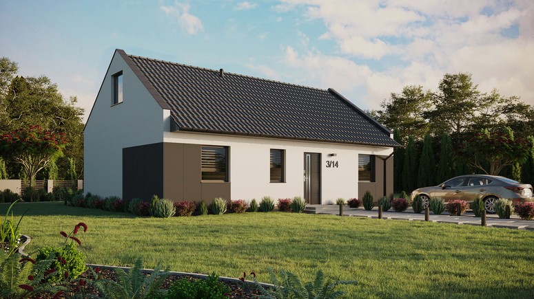 ERDOL 3 - Version Rechts (Wohnzimmer auf der rechten Seite) - Modernes Satteldach mit Dachgeschoss -Dachneigung 35 Grad - Keine Dachfenster - Standard - Styropor, Netz, Kleber - Anthrazit - Ohne