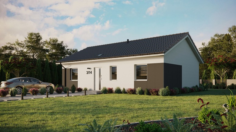 ERDOL 3 - Version Links (Wohnzimmer auf der linken Seite) - Satteldach ohne Dachgeschoss - Dachneigung 25 Grad - Starres Tunneldachfenster - Standard - Styropor, Netz, Kleber - Weiß - Ohne