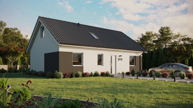 ERDOL 3 - Version Rechts (Wohnzimmer auf der rechten Seite) - Satteldach mit Dachgeschoss -Dachneigung 35 Grad - Zwei Zimmer-Dachfenster und ein Badezimmer-Dachfenster - Standard - Styropor, Netz, Kleber - Weiß - Ohne