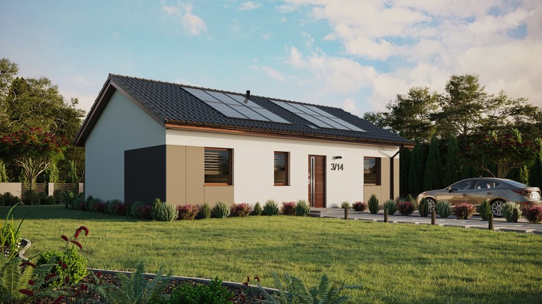 ERDOL 3 - Version Rechts (Wohnzimmer auf der rechten Seite) - Satteldach ohne Dachgeschoss - Dachneigung 25 Grad - Starres Tunneldachfenster - Standard - Styropor, Netz, Kleber - Nusbaum - Photovoltaik-Installation 4,8 kWp (12 Paneele)