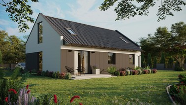 ERDOL 3 - Version Rechts (Wohnzimmer auf der rechten Seite) - Modernes Satteldach mit Dachgeschoss -Dachneigung 35 Grad - Zwei-Zimmer-Dachfenster - Balkontür im Esszimmer und Bodentiefe Fenster im Dachgeschoss - Styropor, Netz, Kleber - Anthrazit - Ohne