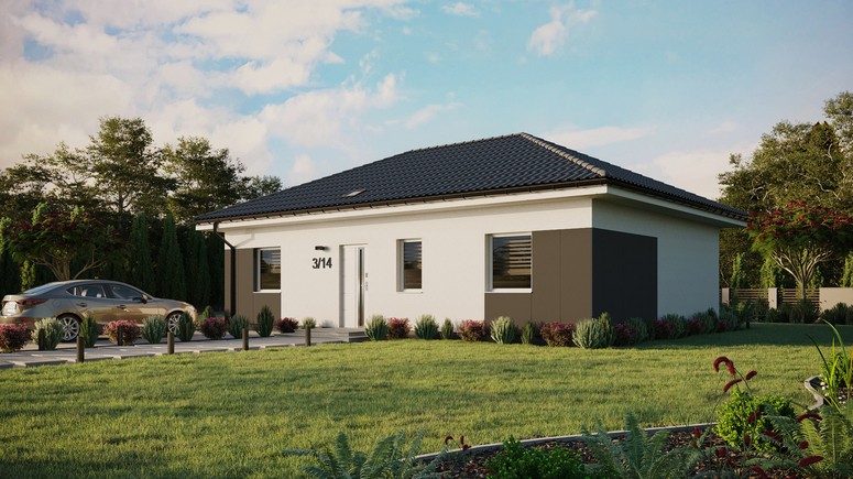 ERDOL 3 - Version Links (Wohnzimmer auf der linken Seite) - Walmdach ohne Dachgeschoss- Dachneigung 25 Grad - Starres Tunneldachfenster - Standard - Styropor, Netz, Kleber - Weiß