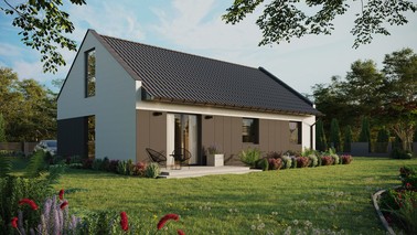 ERDOL 3 - Version Rechts (Wohnzimmer auf der rechten Seite) - Modernes Satteldach mit Dachgeschoss -Dachneigung 35 Grad - Keine Dachfenster - Balkontür im Esszimmer und Bodentiefe Fenster im Dachgeschoss - Styropor, Netz, Kleber - Anthrazit - Ohne