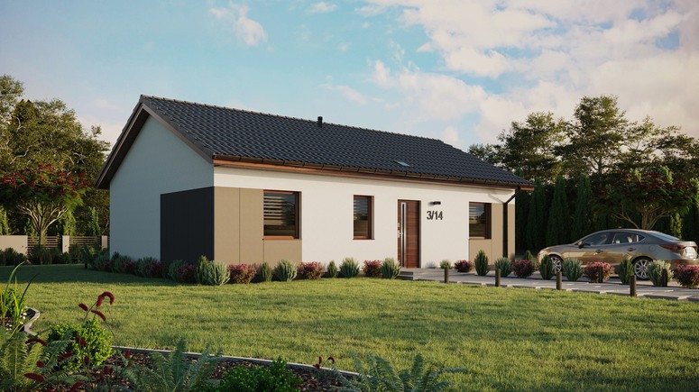 ERDOL 3 - Version Rechts (Wohnzimmer auf der rechten Seite) - Satteldach ohne Dachgeschoss - Dachneigung 25 Grad - Starres Tunneldachfenster - Standard - Styropor, Netz, Kleber - Nusbaum - Ohne