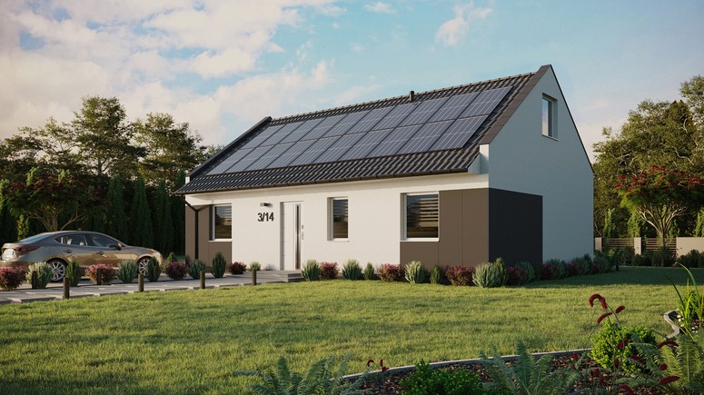 ERDOL 3 - Version Links (Wohnzimmer auf der linken Seite) - Modernes Satteldach mit Dachgeschoss -Dachneigung 35 Grad - Keine Dachfenster - Standard - Styropor, Netz, Kleber - Weiß - Photovoltaik-Installation 8 kWp (20 Paneele)