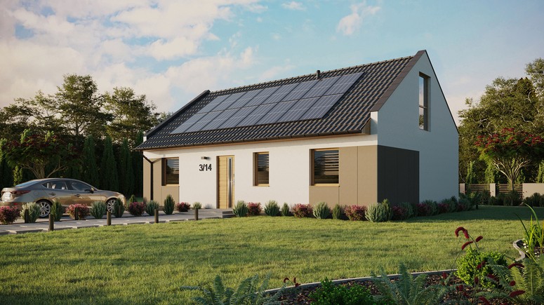 ERDOL 3 - Version Links (Wohnzimmer auf der linken Seite) - Modernes Satteldach mit Dachgeschoss -Dachneigung 35 Grad - Keine Dachfenster - Bodentiefe Fenster im Dachgeschoss - Styropor, Netz, Kleber - Winchester - Photovoltaik-Installation 6,4 kWp (16 Paneele)