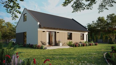 ERDOL 3 - Version Rechts (Wohnzimmer auf der rechten Seite) - Modernes Satteldach mit Dachgeschoss -Dachneigung 35 Grad - Keine Dachfenster - Balkontür im Esszimmer - Styropor, Netz, Kleber - Nusbaum - Ohne