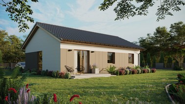 ERDOL 3 - Version Rechts (Wohnzimmer auf der rechten Seite) - Satteldach ohne Dachgeschoss - Dachneigung 25 Grad - Keine Dachfenster - Balkontür im Esszimmer - Styropor, Netz, Kleber - Winchester - Ohne