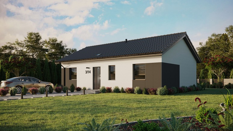 ERDOL 3 - Version Links (Wohnzimmer auf der linken Seite) - Satteldach ohne Dachgeschoss - Dachneigung 25 Grad - Starres Tunneldachfenster - Standard - Styropor, Netz, Kleber - Anthrazit - Photovoltaik-Installation 8 kWp (20 Paneele)