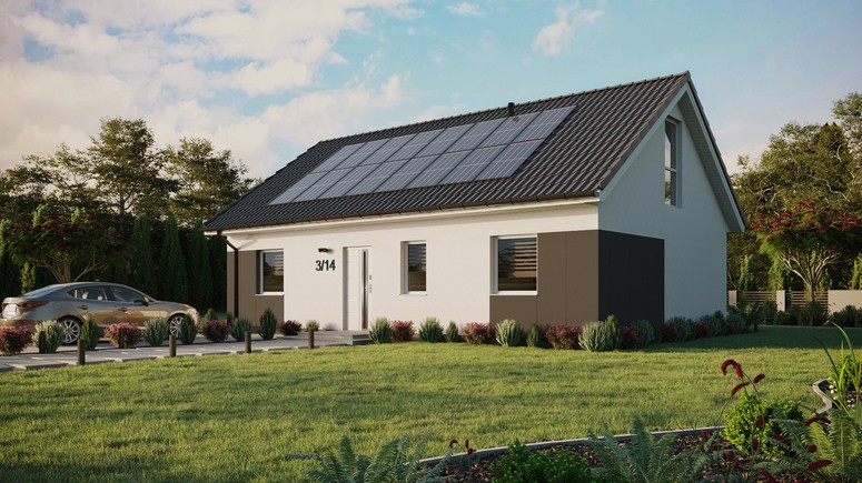 ERDOL 3 - Version Links (Wohnzimmer auf der linken Seite) - Satteldach mit Dachgeschoss -Dachneigung 35 Grad - Keine Dachfenster - Balkontür im Esszimmer und Bodentiefe Fenster im Dachgeschoss - Styropor, Netz, Kleber - Weiß - Photovoltaik-Installation 6,4 kWp (16 Paneele)