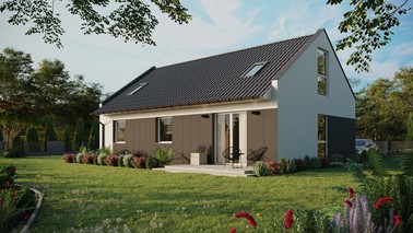 ERDOL 3 - Version Links (Wohnzimmer auf der linken Seite) - Modernes Satteldach mit Dachgeschoss -Dachneigung 35 Grad - Zwei-Zimmer-Dachfenster - Balkontür im Esszimmer und Bodentiefe Fenster im Dachgeschoss - Styropor, Netz, Kleber - Weiß - Ohne