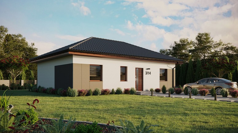 ERDOL 3 - Version Rechts (Wohnzimmer auf der rechten Seite) - Walmdach ohne Dachgeschoss- Dachneigung 25 Grad - Keine Dachfenster - Standard - Styropor, Netz, Kleber - Nusbaum