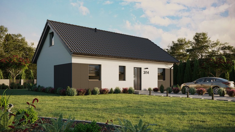 ERDOL 3 - Version Rechts (Wohnzimmer auf der rechten Seite) - Satteldach mit Dachgeschoss -Dachneigung 35 Grad - Keine Dachfenster - Standard - Styropor, Netz, Kleber - Anthrazit - Ohne