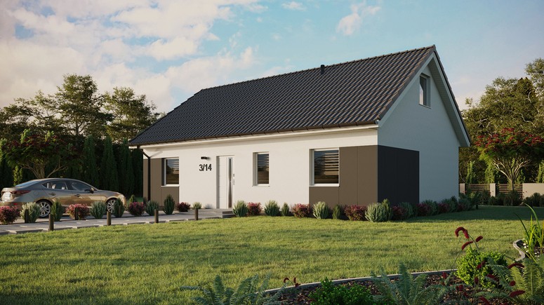 ERDOL 3 - Version Links (Wohnzimmer auf der linken Seite) - Satteldach mit Dachgeschoss -Dachneigung 35 Grad - Keine Dachfenster - Standard - Styropor, Netz, Kleber - Weiß - Ohne