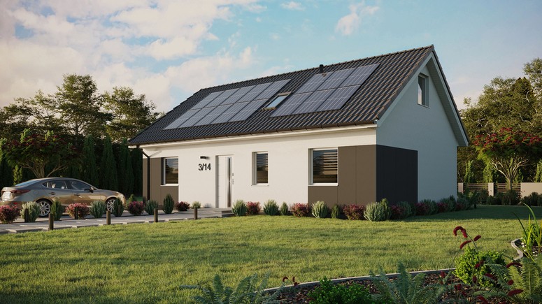 ERDOL 3 - Version Links (Wohnzimmer auf der linken Seite) - Satteldach mit Dachgeschoss -Dachneigung 35 Grad - Dachfenster für Zimmer und Badezimmer - Standard - Styropor, Netz, Kleber - Weiß - Photovoltaik-Installation 6,4 kWp (16 Paneele)