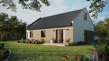 ERDOL 3 - Version Links (Wohnzimmer auf der linken Seite) - Modernes Satteldach mit Dachgeschoss -Dachneigung 35 Grad - Dachfenster für Zimmer und Badezimmer - Balkontür im Esszimmer - Styropor, Netz, Kleber - Nusbaum - Photovoltaik-Installation 8 kWp (20 Paneele)