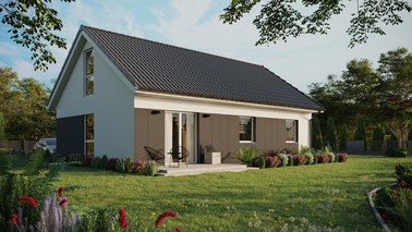 ERDOL 3 - Version Rechts (Wohnzimmer auf der rechten Seite) - Satteldach mit Dachgeschoss -Dachneigung 35 Grad - Keine Dachfenster - Balkontür im Esszimmer und Bodentiefe Fenster im Dachgeschoss - Styropor, Netz, Kleber - Weiß - Ohne