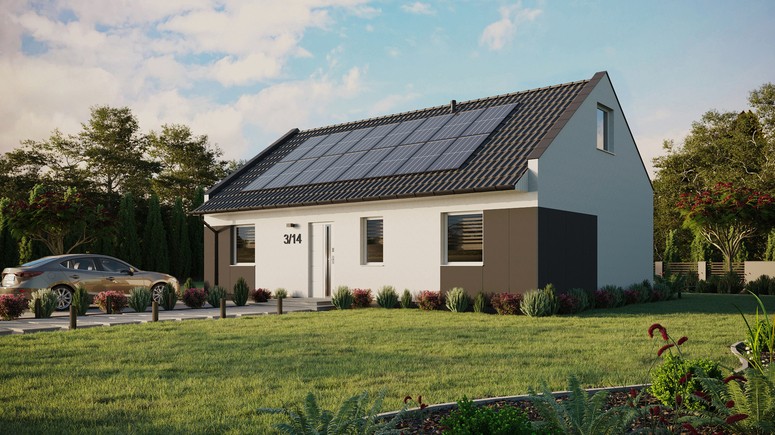 ERDOL 3 - Version Links (Wohnzimmer auf der linken Seite) - Modernes Satteldach mit Dachgeschoss -Dachneigung 35 Grad - Keine Dachfenster - Standard - Styropor, Netz, Kleber - Weiß - Photovoltaik-Installation 6,4 kWp (16 Paneele)