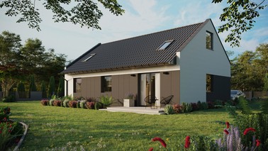 ERDOL 3 - Version Links (Wohnzimmer auf der linken Seite) - Modernes Satteldach mit Dachgeschoss -Dachneigung 35 Grad - Zwei Zimmer-Dachfenster und ein Badezimmer-Dachfenster - Standard - Styropor, Netz, Kleber - Anthrazit - Ohne