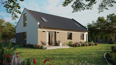 ERDOL 3 - Version Rechts (Wohnzimmer auf der rechten Seite) - Modernes Satteldach mit Dachgeschoss -Dachneigung 35 Grad - Zwei-Zimmer-Dachfenster - Bodentiefe Fenster im Dachgeschoss - Styropor, Netz, Kleber - Winchester - Ohne