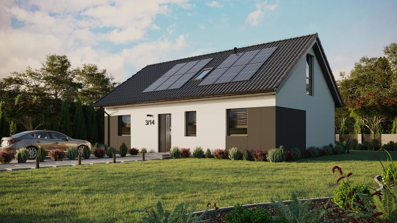 ERDOL 3 - Version Links (Wohnzimmer auf der linken Seite) - Satteldach mit Dachgeschoss -Dachneigung 35 Grad - Dachfenster für Zimmer und Badezimmer - Balkontür im Esszimmer und Bodentiefe Fenster im Dachgeschoss - Styropor, Netz, Kleber - Anthrazit - Photovoltaik-Installation 4,8 kWp (12 Paneele)