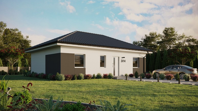 ERDOL 3 - Version Rechts (Wohnzimmer auf der rechten Seite) - Walmdach ohne Dachgeschoss- Dachneigung 25 Grad - Keine Dachfenster - Standard - Styropor, Netz, Kleber - Weiß