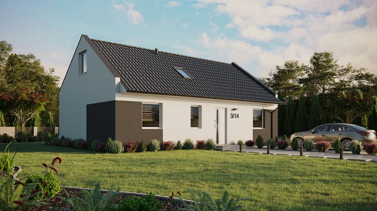 ERDOL 3 - Version Rechts (Wohnzimmer auf der rechten Seite) - Modernes Satteldach mit Dachgeschoss -Dachneigung 35 Grad - Dachfenster für Zimmer und Badezimmer - Standard - Styropor, Netz, Kleber - Weiß - Ohne