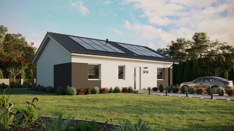 ERDOL 3 - Version Rechts (Wohnzimmer auf der rechten Seite) - Satteldach ohne Dachgeschoss - Dachneigung 25 Grad - Starres Tunneldachfenster - Standard - Styropor, Netz, Kleber - Weiß - Photovoltaik-Installation 6,4 kWp (16 Paneele)