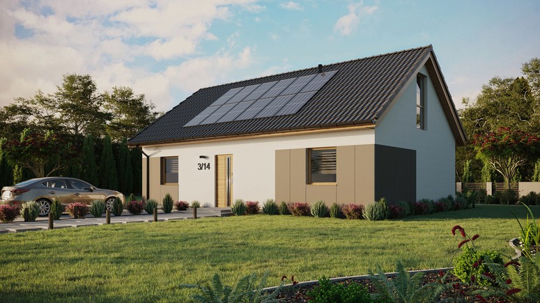 ERDOL 2 XL - Version Links (Wohnzimmer auf der linken Seite) - Satteldach mit Dachgeschoss -Dachneigung 35 Grad - Keine Dachfenster - Balkontür im Esszimmer und Bodentiefe Fenster im Dachgeschoss - Styropor, Netz, Kleber - Winchester - Photovoltaik-Installation 4,8 kWp (12 Paneele)