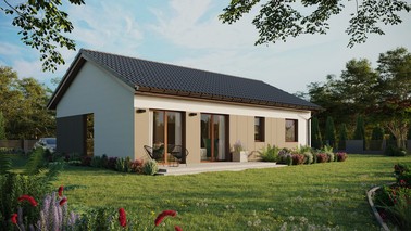 ERDOL 2 XL - Version Rechts (Wohnzimmer auf der rechten Seite) - Satteldach ohne Dachgeschoss - Dachneigung 25 Grad - Keine Dachfenster - Balkontür im Esszimmer - Styropor, Netz, Kleber - Nusbaum - Ohne