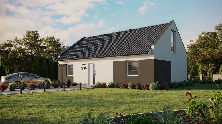 ERDOL 2 XL - Version Links (Wohnzimmer auf der linken Seite) - Modernes Satteldach mit Dachgeschoss -Dachneigung 35 Grad - Keine Dachfenster - Balkontür im Esszimmer und Bodentiefe Fenster im Dachgeschoss - Styropor, Netz, Kleber - Weiß - Ohne