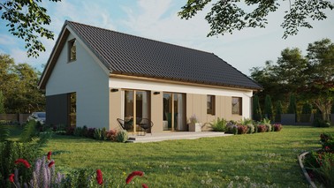 ERDOL 2 XL - Version Rechts (Wohnzimmer auf der rechten Seite) - Satteldach mit Dachgeschoss -Dachneigung 35 Grad - Keine Dachfenster - Balkontür im Esszimmer - Styropor, Netz, Kleber - Winchester - Ohne