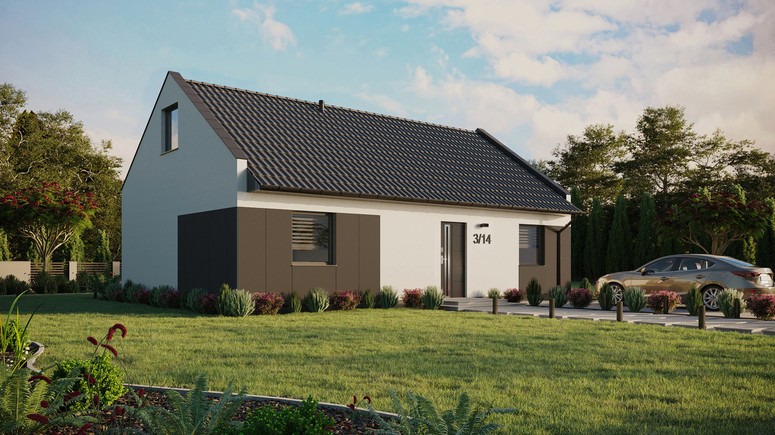 ERDOL 2 XL - Version Rechts (Wohnzimmer auf der rechten Seite) - Modernes Satteldach mit Dachgeschoss -Dachneigung 35 Grad - Keine Dachfenster - Standard - Styropor, Netz, Kleber - Anthrazit - Ohne