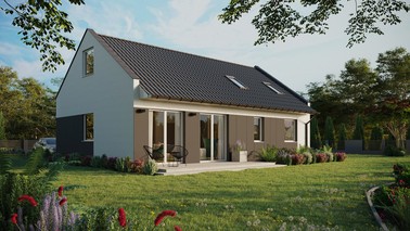 ERDOL 2 XL - Version Rechts (Wohnzimmer auf der rechten Seite) - Modernes Satteldach mit Dachgeschoss -Dachneigung 35 Grad - Dachfenster für Zimmer und Badezimmer - Standard - Styropor, Netz, Kleber - Weiß - Ohne