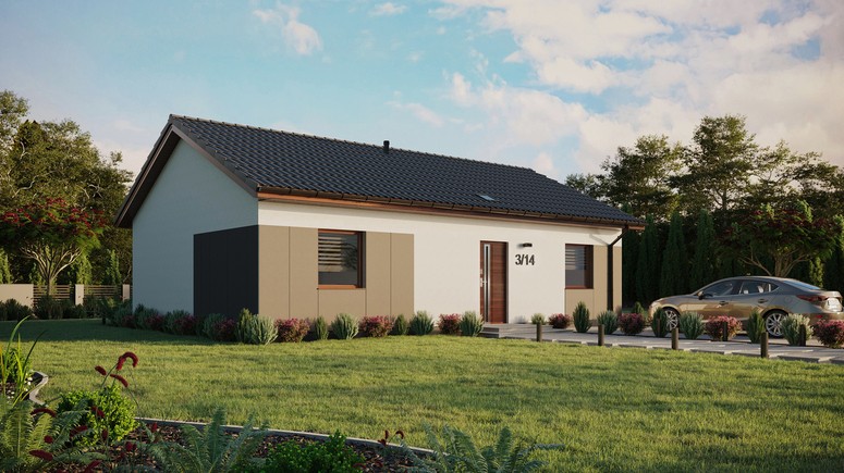 ERDOL 2 XL - Version Rechts (Wohnzimmer auf der rechten Seite) - Satteldach ohne Dachgeschoss - Dachneigung 25 Grad - Starres Tunneldachfenster - Standard - Styropor, Netz, Kleber - Nusbaum - Ohne