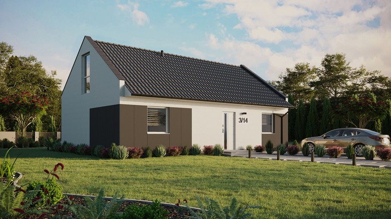 ERDOL 2 XL - Version Rechts (Wohnzimmer auf der rechten Seite) - Modernes Satteldach mit Dachgeschoss -Dachneigung 35 Grad - Keine Dachfenster - Balkontür im Esszimmer und Bodentiefe Fenster im Dachgeschoss - Styropor, Netz, Kleber - Weiß - Ohne