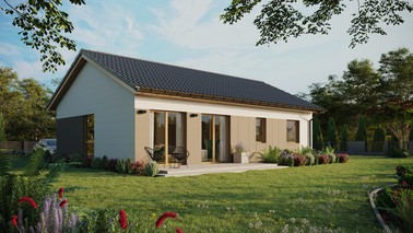 ERDOL 2 XL - Version Rechts (Wohnzimmer auf der rechten Seite) - Satteldach ohne Dachgeschoss - Dachneigung 25 Grad - Keine Dachfenster - Balkontür im Esszimmer - Styropor, Netz, Kleber - Winchester - Ohne