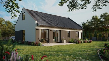 ERDOL 2 XL - Version Rechts (Wohnzimmer auf der rechten Seite) - Modernes Satteldach mit Dachgeschoss -Dachneigung 35 Grad - Keine Dachfenster - Balkontür im Esszimmer - Styropor, Netz, Kleber - Anthrazit - Ohne