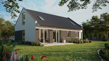 ERDOL 2 XL - Version Rechts (Wohnzimmer auf der rechten Seite) - Modernes Satteldach mit Dachgeschoss -Dachneigung 35 Grad - Zwei-Zimmer-Dachfenster - Balkontür im Esszimmer und Bodentiefe Fenster im Dachgeschoss - Styropor, Netz, Kleber - Weiß - Ohne