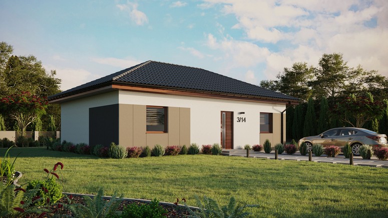 ERDOL 2 XL - Version Rechts (Wohnzimmer auf der rechten Seite) - Walmdach ohne Dachgeschoss- Dachneigung 25 Grad - Keine Dachfenster - Standard - Styropor, Netz, Kleber - Nusbaum