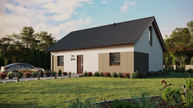 ERDOL 2 XL - Version Links (Wohnzimmer auf der linken Seite) - Satteldach mit Dachgeschoss -Dachneigung 35 Grad - Keine Dachfenster - Bodentiefe Fenster im Dachgeschoss - Styropor, Netz, Kleber - Nusbaum - Ohne