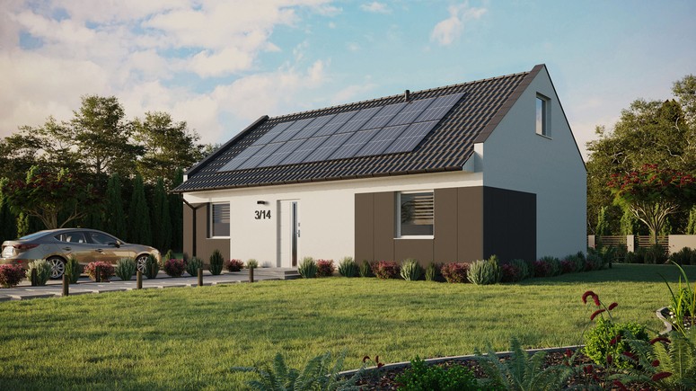 ERDOL 2 XL - Version Links (Wohnzimmer auf der linken Seite) - Modernes Satteldach mit Dachgeschoss -Dachneigung 35 Grad - Keine Dachfenster - Standard - Styropor, Netz, Kleber - Weiß - Photovoltaik-Installation 6,4 kWp (16 Paneele)