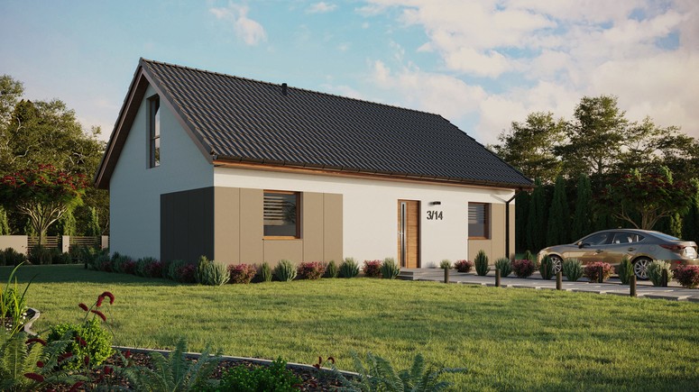 ERDOL 2 XL - Version Rechts (Wohnzimmer auf der rechten Seite) - Satteldach mit Dachgeschoss -Dachneigung 35 Grad - Keine Dachfenster - Balkontür im Esszimmer und Bodentiefe Fenster im Dachgeschoss - Styropor, Netz, Kleber - Goldene Eiche - Ohne