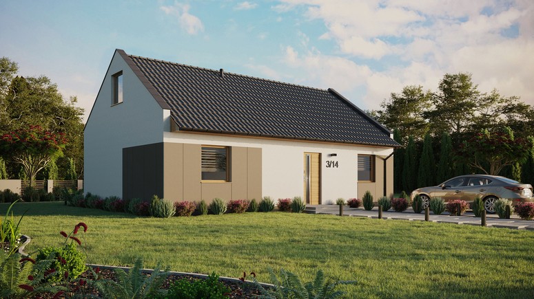 ERDOL 2 XL - Version Rechts (Wohnzimmer auf der rechten Seite) - Modernes Satteldach mit Dachgeschoss -Dachneigung 35 Grad - Keine Dachfenster - Standard - Styropor, Netz, Kleber - Winchester - Ohne