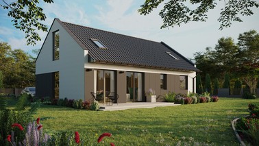 ERDOL 2 XL - Version Rechts (Wohnzimmer auf der rechten Seite) - Modernes Satteldach mit Dachgeschoss -Dachneigung 35 Grad - Zwei-Zimmer-Dachfenster - Balkontür im Esszimmer und Bodentiefe Fenster im Dachgeschoss - Styropor, Netz, Kleber - Anthrazit - Ohne