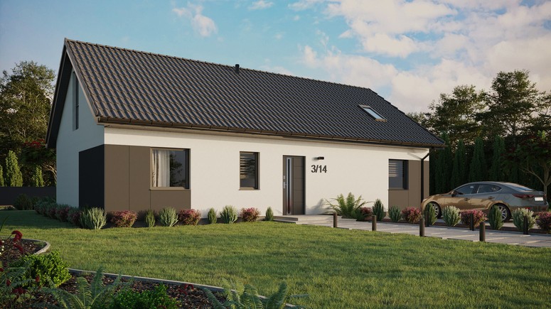 ERDOL 3 XL - Version Rechts (Wohnzimmer auf der rechten Seite) - Satteldach mit Dachgeschoss -Dachneigung 35 Grad - Dachfenster für Zimmer und Badezimmer - Balkontür im Esszimmer und Bodentiefe Fenster im Dachgeschoss - Styropor, Netz, Kleber - Anthrazit - Ohne