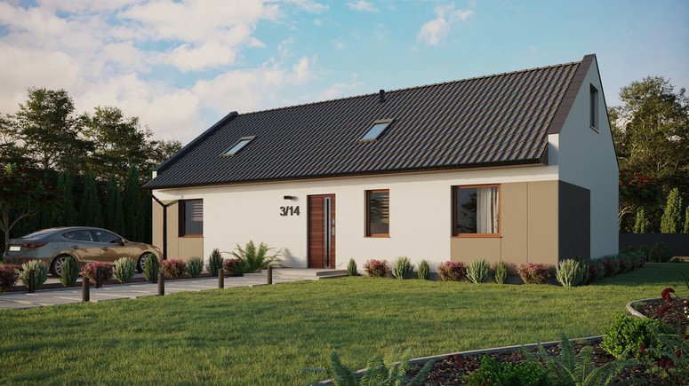 ERDOL 3 XL - Version Links (Wohnzimmer auf der linken Seite) - Modernes Satteldach mit Dachgeschoss -Dachneigung 35 Grad - Zwei Zimmer-Dachfenster und ein Badezimmer-Dachfenster - Standard - Styropor, Netz, Kleber - Nusbaum - Ohne