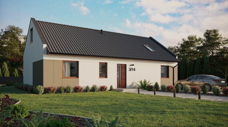 ERDOL 3 XL - Version Rechts (Wohnzimmer auf der rechten Seite) - Modernes Satteldach mit Dachgeschoss -Dachneigung 35 Grad - Dachfenster für Zimmer und Badezimmer - Standard - Styropor, Netz, Kleber - Nusbaum - Ohne