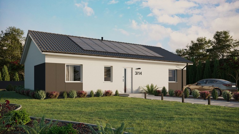 ERDOL 3 XL - Version Rechts (Wohnzimmer auf der rechten Seite) - Satteldach ohne Dachgeschoss - Dachneigung 25 Grad - keine Dachfenster - Standard - Styropor, Netz, Kleber - Weiß - Photovoltaik-Installation 6,4 kWp (16 Paneele)